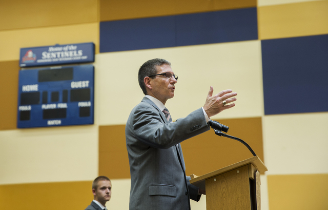 U.S. Rep. Joe Heck, R-Nev, speaks at Veterans Tribute Career and Technical Academy, Tuesday, May 3, 2016, in Las Vegas. Heck announced the introduction of the Career and Technical Education Equity ...