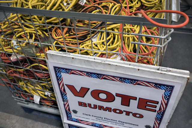 A crate full of electrical cords sit in a bin at the Clark County Elections Department warehouse, 965 Trade Drive, North Las Vegas, on Thursday, May 12, 2016. Jeff Scheid/Las Vegas Review-Journal  ...
