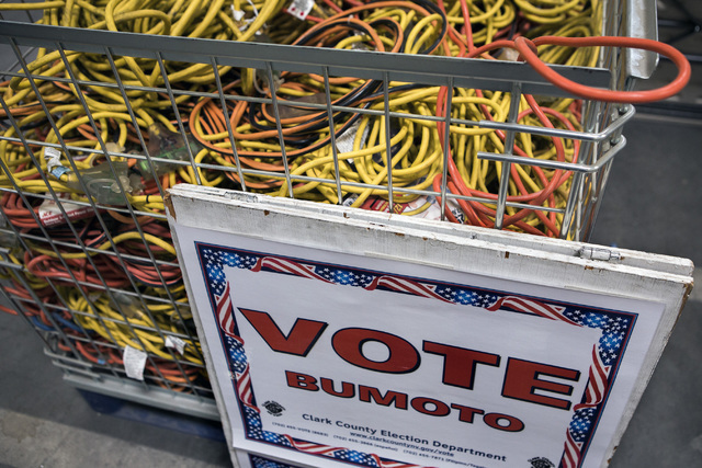 A crate full of electrical cords sit in a bin at the Clark County Elections Department warehouse, 965 Trade Drive, North Las Vegas, on Thursday, May 12, 2016. Jeff Scheid/Las Vegas Review-Journal ...