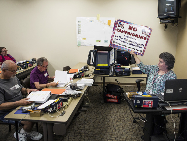Election program supervisor Maria Tsarouhas, right, conducts training for poll workers at the Clark County Elections Department warehouse, 965 Trade Drive, North Las Vegas, on Thursday, May 12, 20 ...