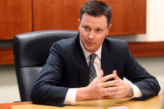 Sam Bateman, an incumbent candidate for Henderson City Council Ward 4, talks to the Las Vegas Review-Journal editorial board at the Review-Journal offices in Las Vegas Tuesday, Feb. 17, 2015. (K.M ...