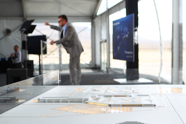 The model for Faraday Future's planned 900-acre manufacturing site is shown during the groundbreaking event in North Las Vegas on Wednesday, April 13, 2016. Chase Stevens/Las Vegas Review-Journal  ...