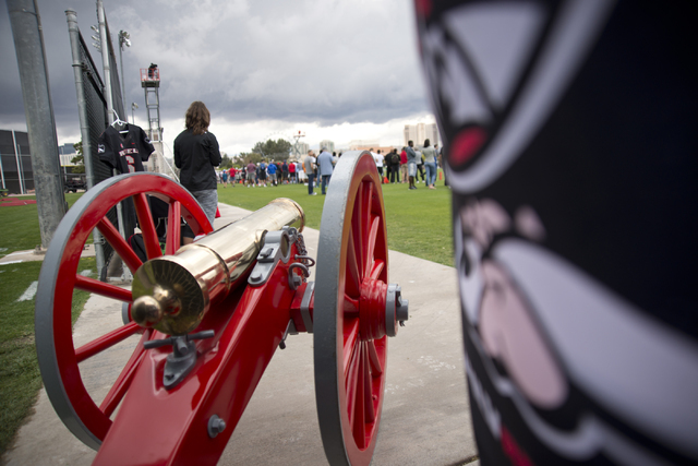 The Fremont Cannon is displayed prominently during the Spring Showcase football event at Peter Johann Memorial Field on the UNLV campus in Las Vegas on Saturday, April 9, 2016. The event was cut s ...