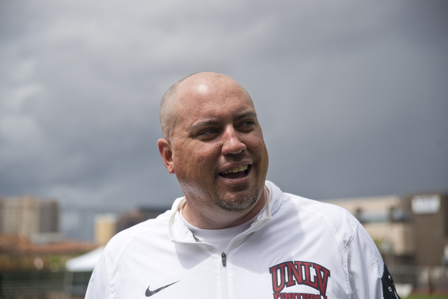 UNLV football head coach Tony Sanchez talks with media after the Spring Showcase football event at Peter Johann Memorial Field on the UNLV campus in Las Vegas on Saturday, April 9, 2016. The event ...