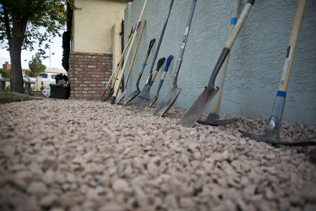 Yard tools lean on a wall before Marina Vance arrives to see the new landscaping volunteers done as part of a Blue Star Mothers of Henderson and Boulder City project on Saturday, May 14, 2016. (Da ...