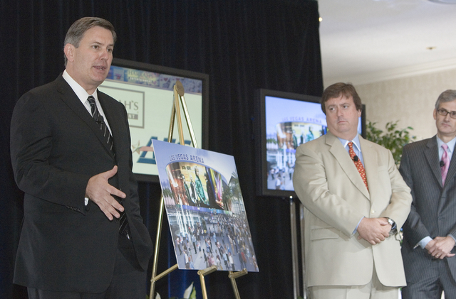 From left, Timothy J. Leiweke, president and CEO, AEG, Gary Loveman, chairman, CEO and president of Harrah's Entertainment, Inc., and Clark County Commissioner, Rory Reid, at a press conference an ...