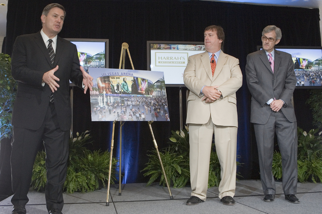 From left, Timothy J. Leiweke, president and CEO, AEG, Gary Loveman, chairman, CEO and president of Harrah's Entertainment, Inc., and Clark County Commissioner, Rory Reid, at a press conference an ...
