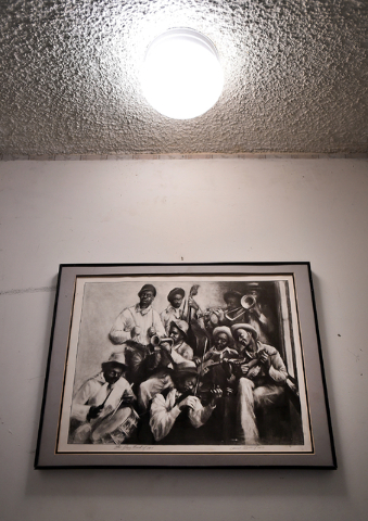 An image of musicians is seen hanging on the wall of the Harrison Guest House Friday, May 13, 2016, in Las Vegas. The Westside neighborhood home was named to the National Register of Historic Plac ...
