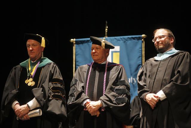 Dean Dr. John Dougherty, from left, Dr. Ray Alden, and Rabbi Fromowitz wait at the start of Touro University Nevada's graduation ceremony at the Rio Hotel and Casino Sunday, May 15, 2016. (Rachel  ...