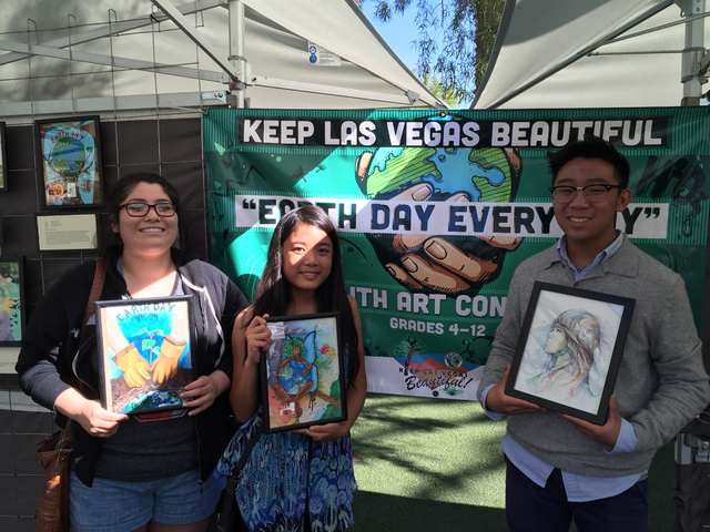 From left are high school winners of the Keep Las Vegas Beautiful program's Earth Day Every Day Youth Art and Essay Contest Rebekah Solorzano, Sophia Chongtai and Kevin Chung. Special to View