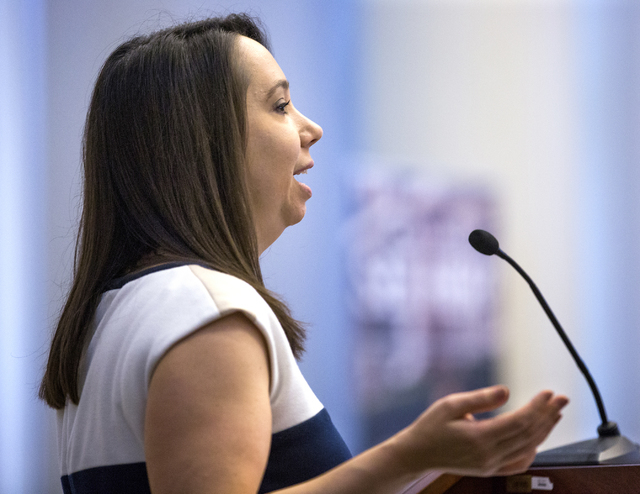 Elizabeth Scaife, with Shared Hope International, speaks during a seminar on human trafficking and child exploitation at LloyLloyd George U.S. Courthouse in Las Vegas on Wednesday, May 25, 2016. J ...