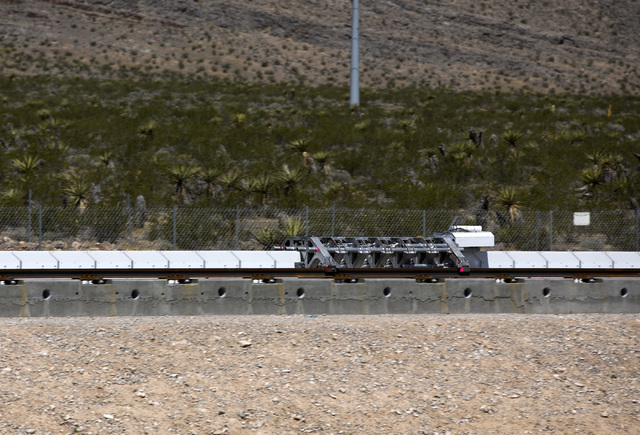 The Hyperloop One test vehicle propels down a set of tracks during the first public test at Apex on Wednesday, May 11, 2016. Jeff Scheid/Las Vegas Review-Journal Follow @jlscheid