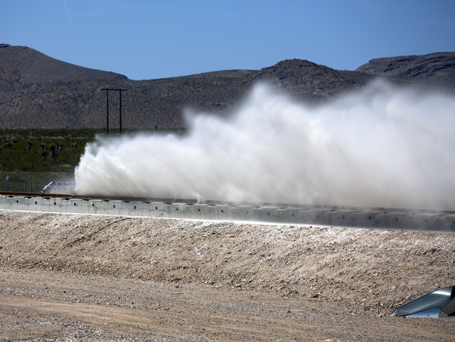 The Hyperloop One test vehicle is slowed by sand during its first public test at Apex on Wednesday, May 11, 2016. Jeff Scheid/Las Vegas Review-Journal Follow @jlscheid