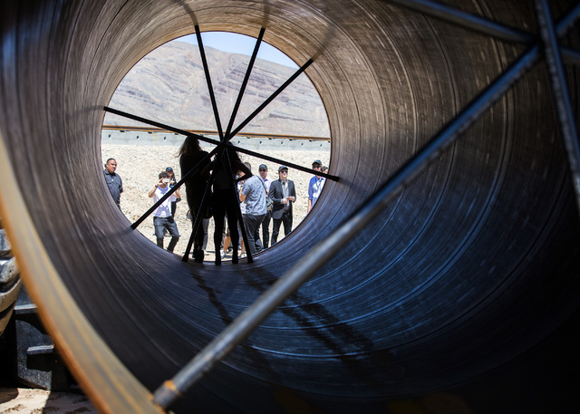 Women are silhouetted while posing for photos inside a Hyperloop One tube under construction at Apex on Wednesday, May 11, 2016. Jeff Scheid/Las Vegas Review-Journal Follow @jlscheid