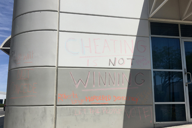 The exterior of the Nevada State Democratic Party's headquarters, 6233 Dean Martin Drive, Las Vegas, was defaced with messages on Sunday after the outcome of the Democratic state convention on Sat ...