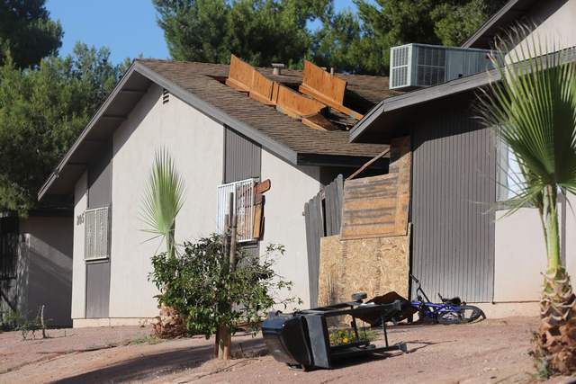 Damage from a fire on North 18th Street that displaced 22 people and damaged 8 apartments is seen on Friday, May 27, 2016, in Las Vegas. (Brett Le Blanc/Review-Journal) Follow @bleblancphoto