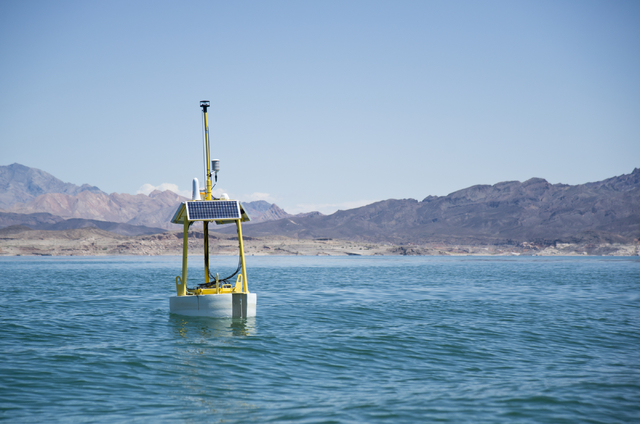 One of the new weather buoys floats in Lake Mead on Friday, May 27, 2016. The buoys transmit weather data that park attendees can check before they go out on the water. (Daniel Clark/Las Vegas Rev ...