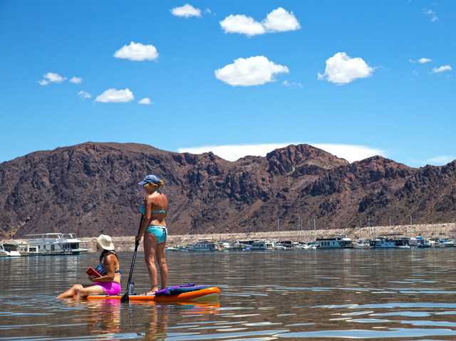Paddle boarders Leslie Harris, right, and Toni Brown look out at Lake Mead Marina at Lake Mead National Recreation Area, Wednesday, May 18, 2016, in Boulder City, Nevada. Benjamin Hager/Las Vegas ...