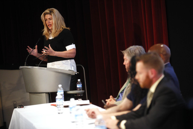Nevada State Sen. Patricia Farley speaks at the panel event "Breaking Barriers to Medical Marijuana Research" in the Greenspun School of Journalism Auditorium at UNLV on Wednesday, May 25, 2016. R ...