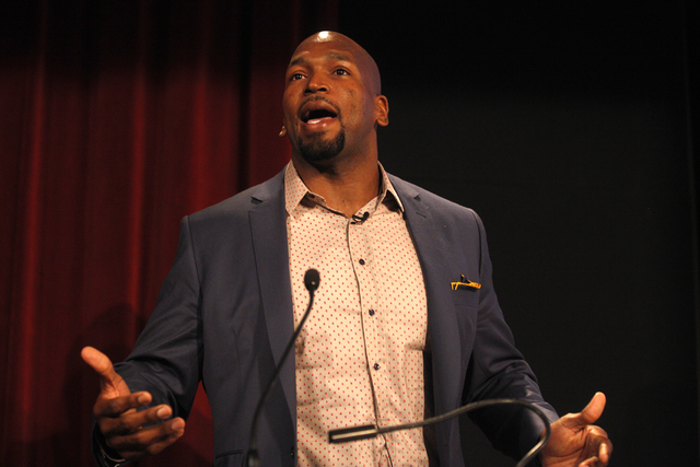 Baltimore Ravens player Eugene Monroe speaks at the panel event "Breaking Barriers to Medical Marijuana Research" in the Greenspun School of Journalism Auditorium at UNLV on Wednesday, May 25, 201 ...
