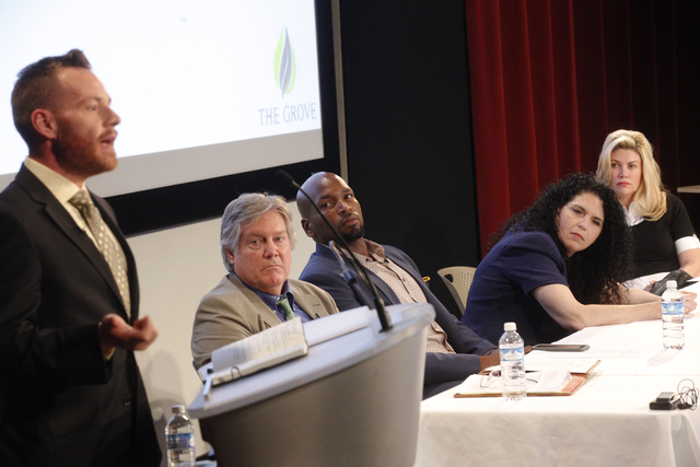 John Hudak speaks at the panel event "Breaking Barriers to Medical Marijuana Research" as Nevada State Sen. Tick Segerblom, from left, Eugene Monroe, Dr. Sue Sisley, and Nevada State Sen. Patricia ...