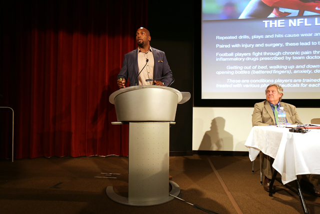 Baltimore Ravens player Eugene Monroe speaks at the panel event "Breaking Barriers to Medical Marijuana Research" in the Greenspun School of Journalism Auditorium at UNLV on Wednesday, May 25, 201 ...