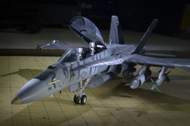 A model of an A/F-18 Hornet built by Joe Porche is shown during a meeting of the Las Vegas chapter of the International Plastic Modelers Society at his home in Las Vegas on Wednesday, May 4, 2016. ...