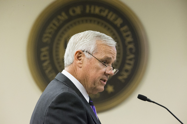 Chancellor Dan Klaich speaks during a special meeting by the Board of Regents at the Nevada System of Higher Education on Thursday, May 12, 2016, in Las Vegas. Erik Verduzco/Las Vegas Review-Journ ...