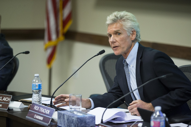 Rick Trachok, chairman of the Board of Regents, speaks during a special meeting at the Nevada System of Higher Education offices on Thursday, May 12, 2016, in Las Vegas. The meeting was called fol ...