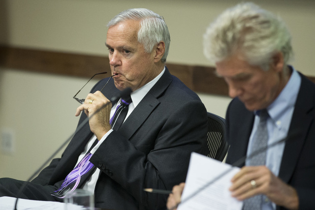 Chancellor Dan Klaich listens during a special meeting by the Board of Regents at the Nevada System of Higher Education building on Thursday, May 12, 2016, in Las Vegas. The meeting discussed alle ...