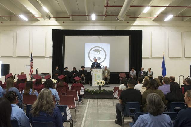 Director of the Nevada Department of Corrections James Dzurenda speaks to a crowd of graduates, inmates, friends and family during Florence McClure Women's Correctional Center's graduation ceremon ...