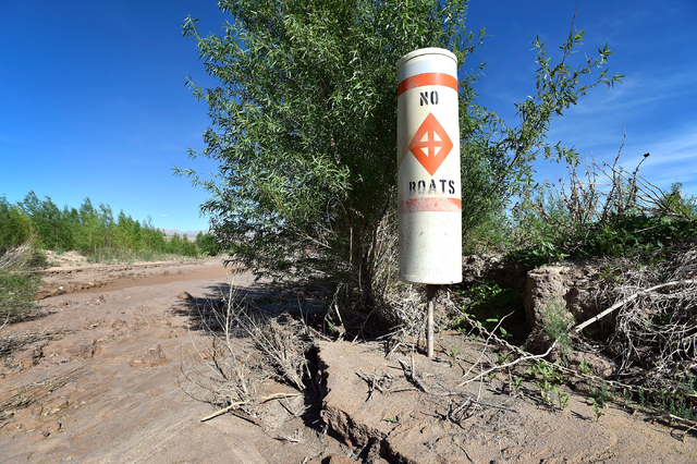 A warning buoy is posted on dry land at the Echo Bay Marina Tuesday, April 26, 2016, at the Lake Mead National Recreation Area. David Becker/Las Vegas Review-Journal Follow @davidjaybecker