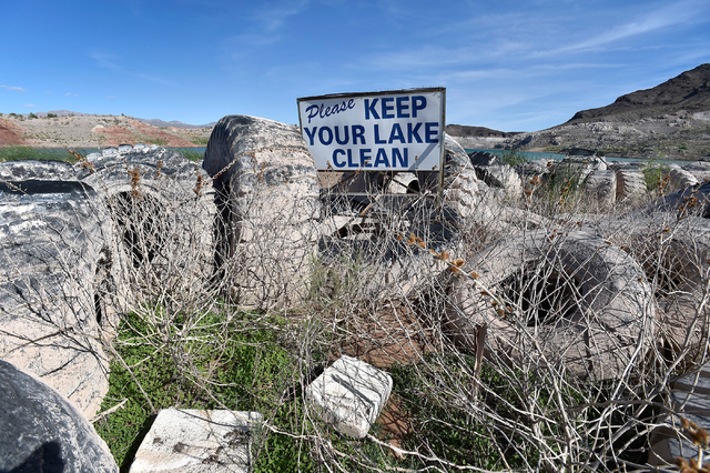 Oversized tires are seen out of the water at the Echo Bay Marina Tuesday, April 26, 2016, at the Lake Mead National Recreation Area. David Becker/Las Vegas Review-Journal Follow @davidjaybecker