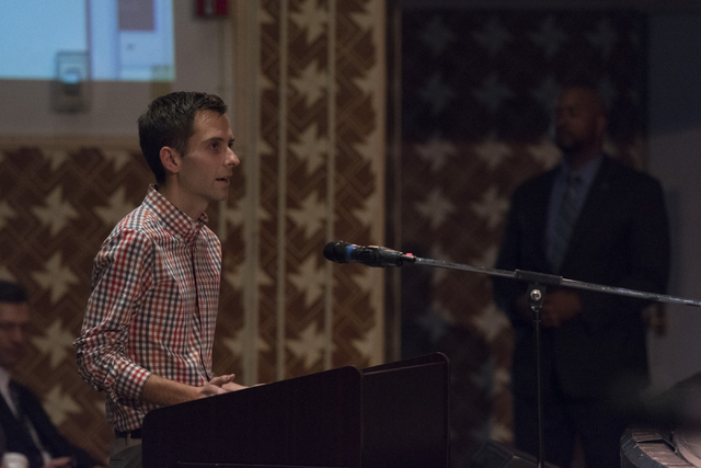 Joe Rajchel speaks during a Clark County School District Board of Trustees meeting to discuss sex ed curriculum at Las Vegas Academy in Las Vegas Thursday, May 25, 2016. (Jason Ogulnik/Las Vegas R ...