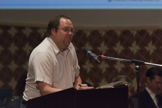 Eddie Whitney speaks during a Clark County School District Board of Trustees meeting to discuss sex ed curriculum at Las Vegas Academy in Las Vegas Thursday, May 25, 2016. (Jason Ogulnik/Las Vegas ...