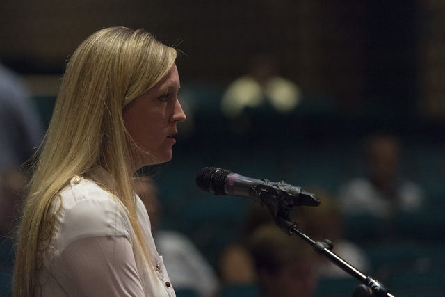 Michelle Anderson speaks during a Clark County School District Board of Trustees meeting to discuss sex ed curriculum at Las Vegas Academy in Las Vegas Thursday, May 25, 2016. (Jason Ogulnik/Las V ...