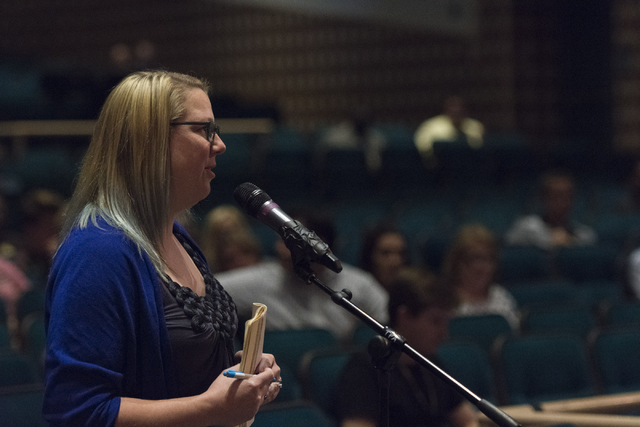 Samantha Fredericton speaks during a Clark County School District Board of Trustees meeting to discuss sex ed curriculum at Las Vegas Academy in Las Vegas Thursday, May 25, 2016. (Jason Ogulnik/La ...