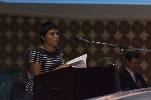 Brenda Hernandez speaks during a Clark County School District Board of Trustees meeting to discuss sex ed curriculum at Las Vegas Academy in Las Vegas Thursday, May 25, 2016. (Jason Ogulnik/Las Ve ...