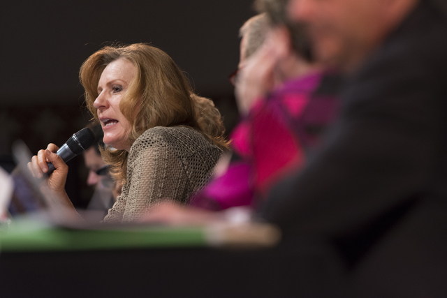 Patrice Tew, Clark County School District board of Trustees clerk, speaks during a CCSD Board of Trustees meeting to discuss sex ed curriculum at Las Vegas Academy in Las Vegas Thursday, May 25, 2 ...