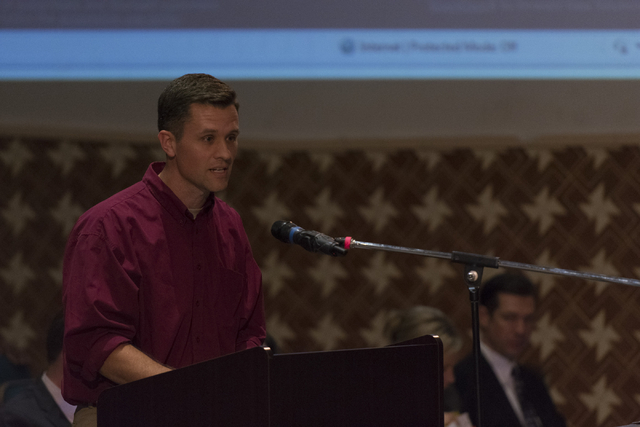 Justin Rowberry speaks during a Clark County School District Board of Trustees meeting to discuss sex ed curriculum at Las Vegas Academy in Las Vegas Thursday, May 25, 2016. (Jason Ogulnik/Las Veg ...