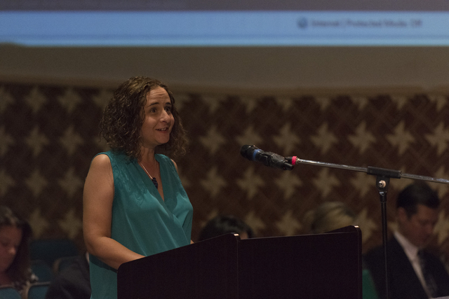 Sarah Lemma speaks during a Clark County School District Board of Trustees meeting to discuss sex ed curriculum at Las Vegas Academy in Las Vegas Thursday, May 25, 2016. (Jason Ogulnik/Las Vegas R ...