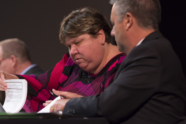 Deanna L. Wright, Clark County School District board of Trustees member, is seen during a CCSD Board of Trustees meeting to discuss sex ed curriculum at Las Vegas Academy in Las Vegas Thursday, Ma ...