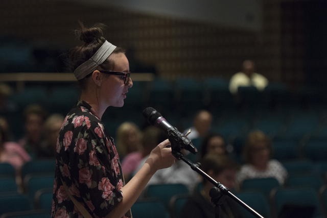 Cassandra Charles speaks during a Clark County School District Board of Trustees meeting to discuss sex ed curriculum at Las Vegas Academy in Las Vegas Thursday, May 25, 2016. (Jason Ogulnik/Las V ...