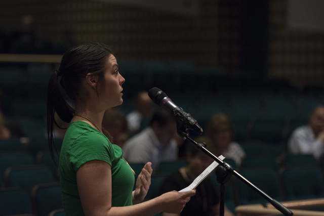 Anne Scully speaks during a Clark County School District Board of Trustees meeting to discuss sex ed curriculum at Las Vegas Academy in Las Vegas Thursday, May 25, 2016. (Jason Ogulnik/Las Vegas R ...