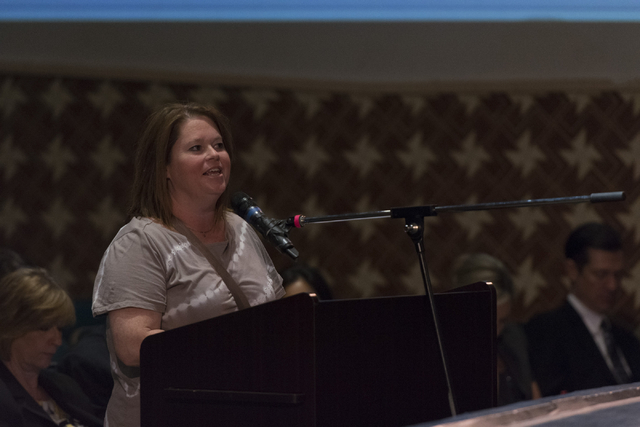 Lisa Scuro speaks during a Clark County School District Board of Trustees meeting to discuss sex ed curriculum at Las Vegas Academy in Las Vegas Thursday, May 25, 2016. (Jason Ogulnik/Las Vegas Re ...