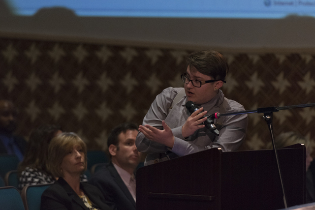 Tristan Torres speaks during a Clark County School District Board of Trustees meeting to discuss sex ed curriculum at Las Vegas Academy in Las Vegas Thursday, May 25, 2016. (Jason Ogulnik/Las Vega ...