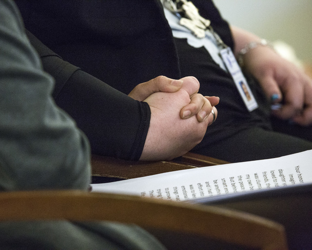 Victims advocate Magann Jordan, right, holds hands with a sex traffic victim after she made a victim statement during the sentencing of pimp Robert Sharpe on Tuesday, May 17, 2016. Jeff Scheid/La ...