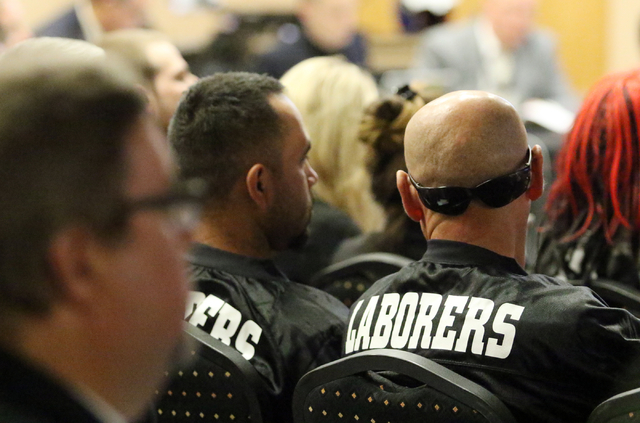 Union supporters attend a meeting of the Southern Nevada Tourism Infrastructure Committee at UNLV's Stan Fulton Building Thursday, May 26, 2016, in Las Vegas. (Ronda Churchill/Las Vegas Review-Jou ...