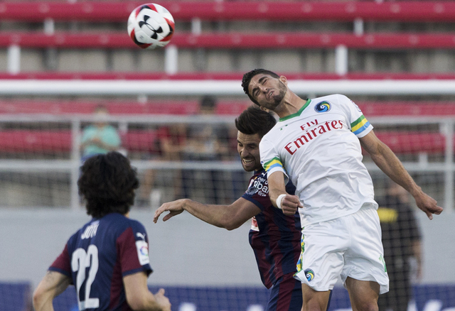 New York Cosmos' Sebastian Guenzatti (13) fights for a header with SD Eibar defenders, Wednesday, May 25, 2016, at Sam Boyd Stadium in Las Vegas. Benjamin Hager/Las Vegas Review-Journal