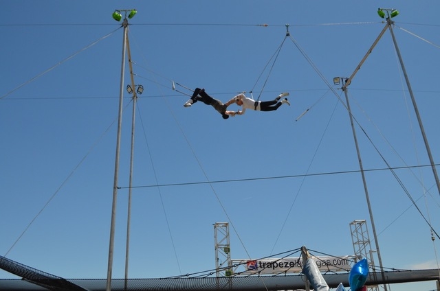 Christopher Ries catches Paul Green during a Trapeze Las Vegas demonstration on Bob Christians Day May 1, 2016. Green, 68, started training in trapeze at age 65. Ginger Meurer/Special to View